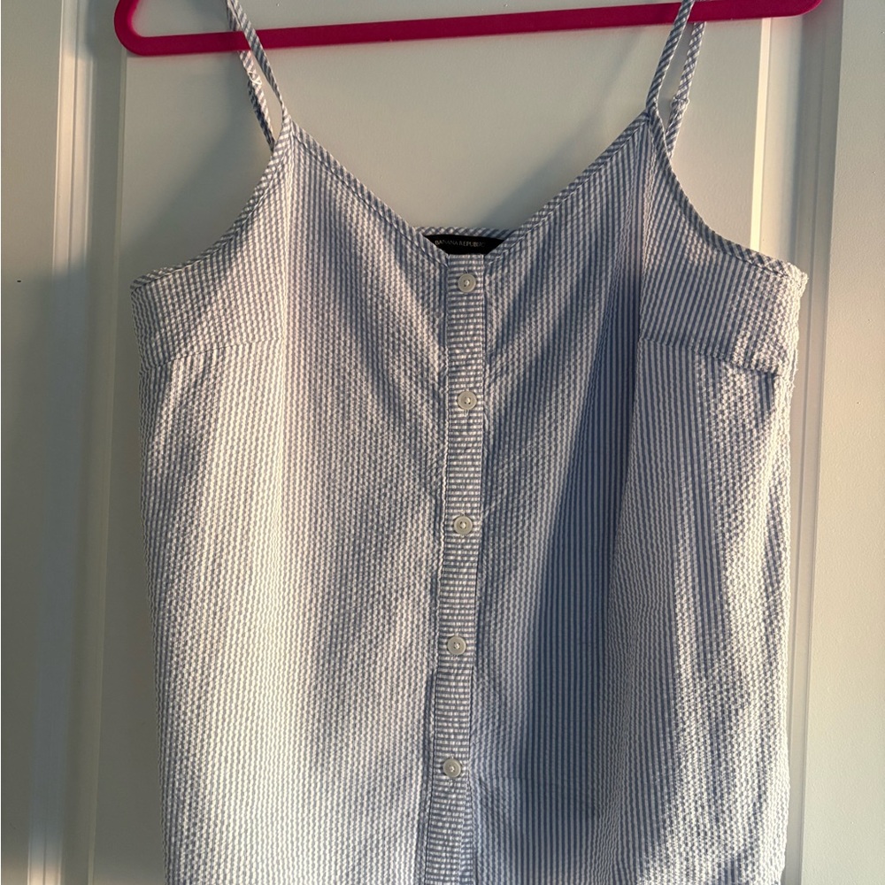 Banana Republic Blue & White Striped Seersucker Spaghetti Strap Camisole